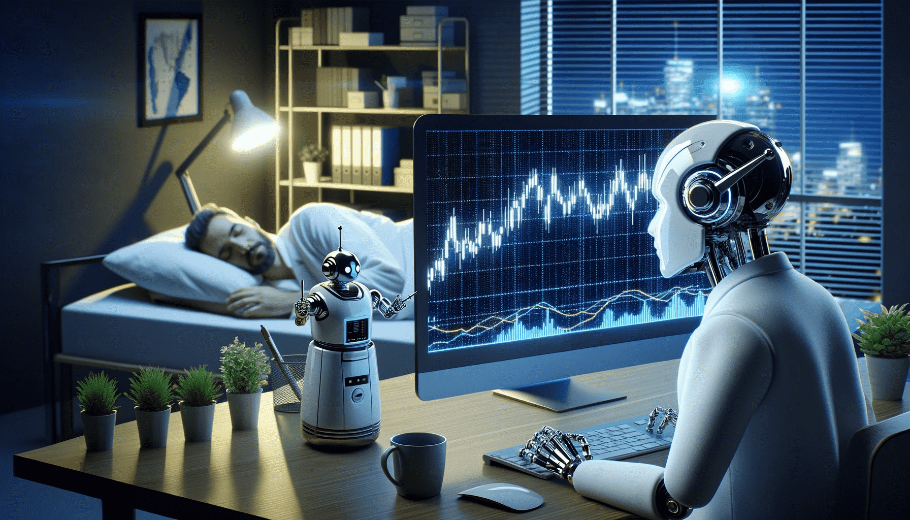 DALL-E generated image of a robot trading on a computer with a man sleeping in the background, showing how the use of expert advisors and trading robots can help you make more profits, and get a better night's sleep.