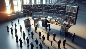 DALL-E generated image of a focused trader at a desk with screens, surrounded by miniature copy traders, symbolizing the concept of copy trading and signals services in forex trading.