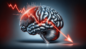 DALL-E generated image of a metallic human brain deflecting a red downtrending equity curve, symbolizing psychological and neurological resilience in trading.