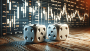DALL-E generated image of two dice with trading candlestick charts in the background, symbolizing the use of probability in trading.
