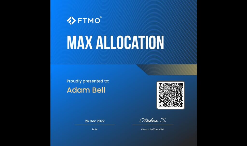 Certificate of Maximum Capital Allocation Awarded by FTMO for Excelling in Forex Trading Challenges.