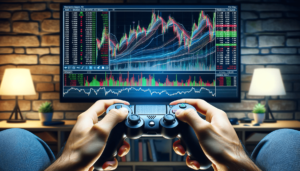 Trader who is playing a computer game, symbolizing how trading performance can be improved by treating it like a video game