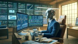 DALL-E generated image of a robotic figure analyzing complex trading charts, symbolizing how we can become too much like robots or algorithms when we trade.